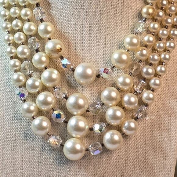 Vintage Faux Pearl and AB Crystal Multi-strand Signed Japan Necklace - Picture 3 of 6